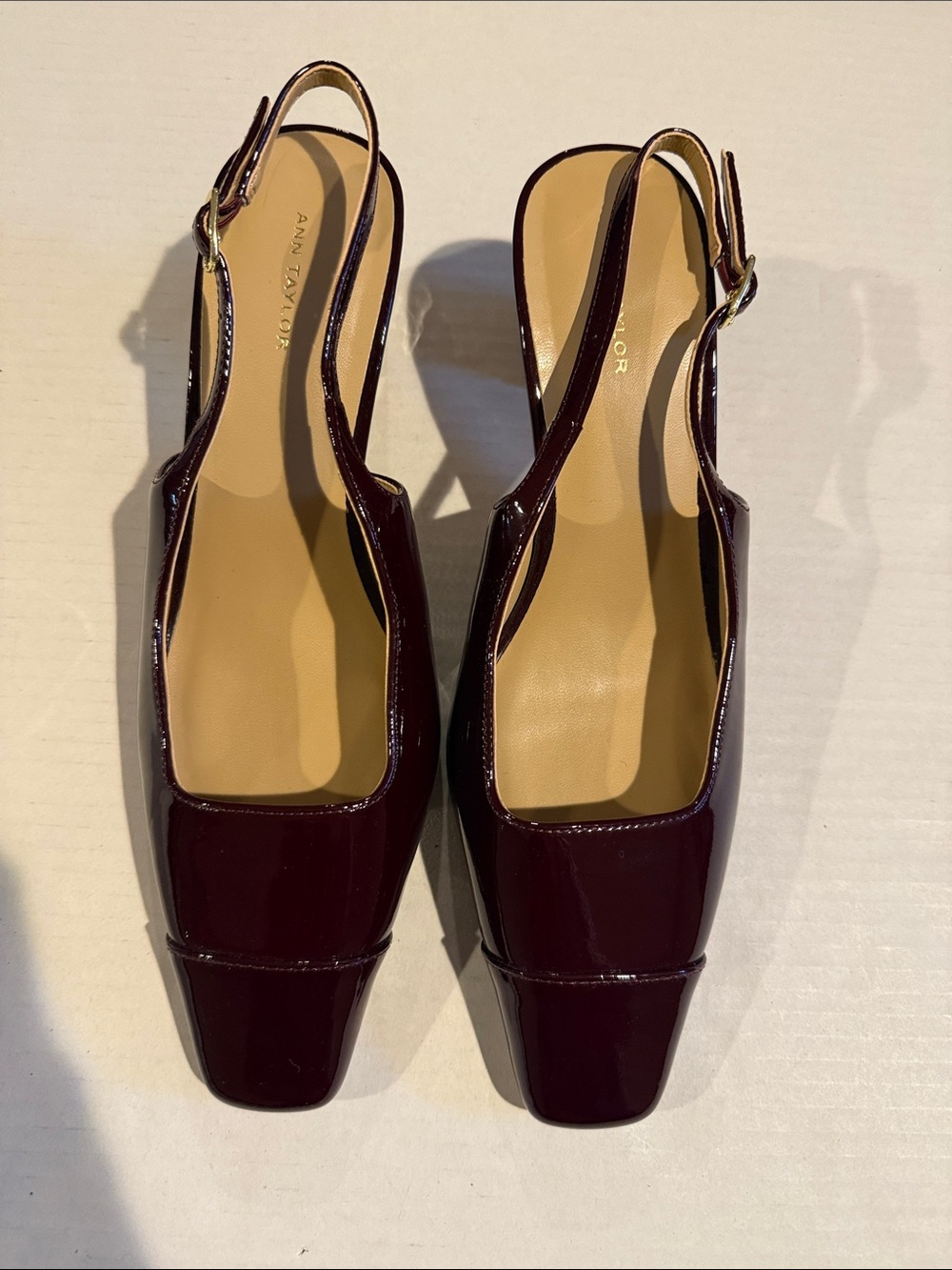 Ann Taylor Patent Slingback Mules in Deep Burgundy